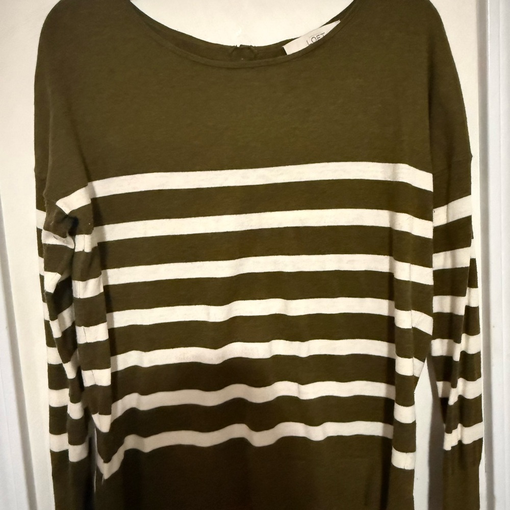 LOFT Olive and White Striped Top